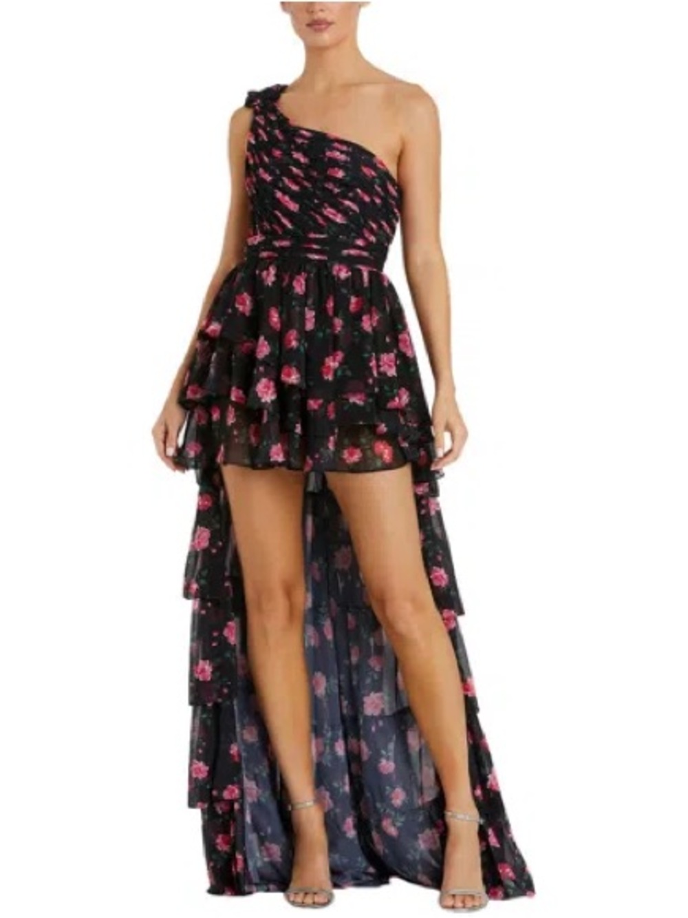 Mac Duggal Black and Pink leena One-Shoulder Ruffled High-Low Floral Dress